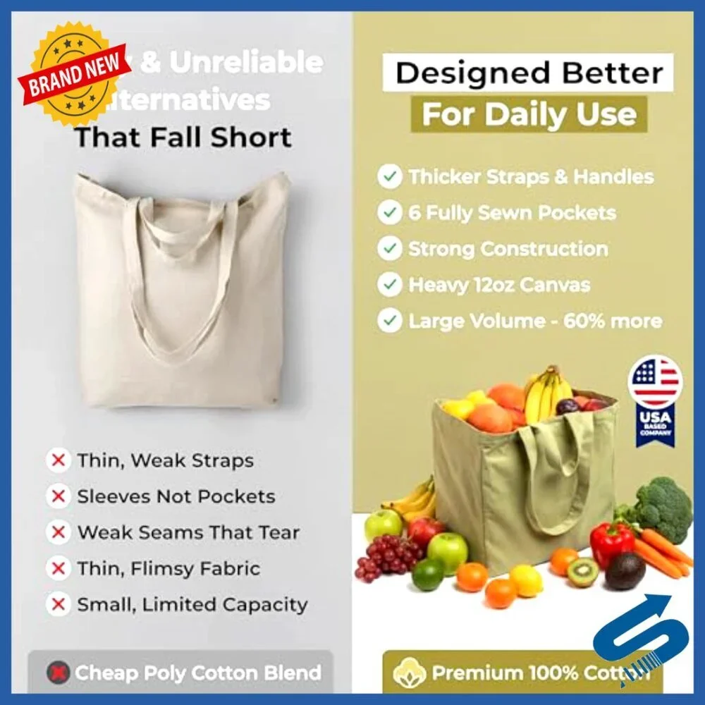 Heavy Duty Canvas Grocery Tote Set with Pockets Foldable Washable Eco Friendly